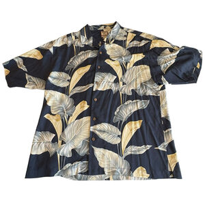 Tommy Bahama Silk Hawaiian Shirt XL Blue Leaf Print Camp Button Up